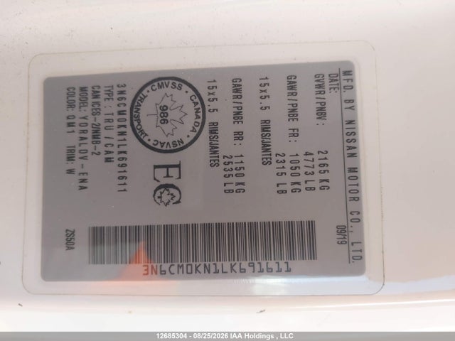 12685304 :رقم المزاد ، 3N6CM0KN1LK691611 vin ، 2020 Nissan Nv200 S/sv مزاد بيع