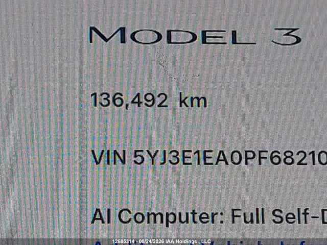 12685314 :رقم المزاد ، 5YJ3E1EA0PF682105 vin ، 2023 Tesla Model 3 Rwd مزاد بيع