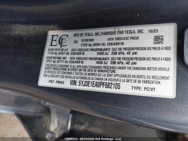 12685314 :رقم المزاد ، 5YJ3E1EA0PF682105 vin ، 2023 Tesla Model 3 Rwd مزاد بيع