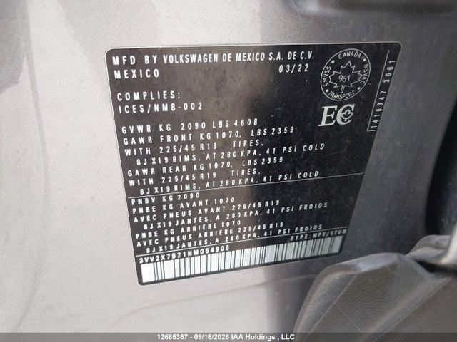 Aukcja sprzedaży 2022 Volkswagen Taos Sel, vin: 3VV2X7B21NM064906, numer aukcji: 12685367