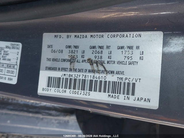 Продажа на аукционе авто 2008 Mazda 3, vin: JM1BK32F781184610, номер лота: 12685369