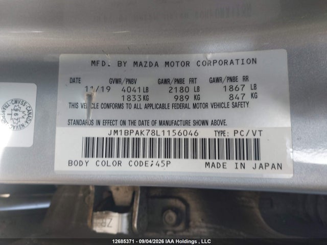 Aukcja sprzedaży 2020 Mazda Mazda3 Gx, vin: JM1BPAK78L1156046, numer aukcji: 12685371