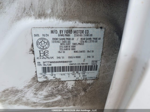 12685384 :رقم المزاد ، 3FTTW8S90RRB80101 vin ، 2024 Ford Maverick Lariat مزاد بيع