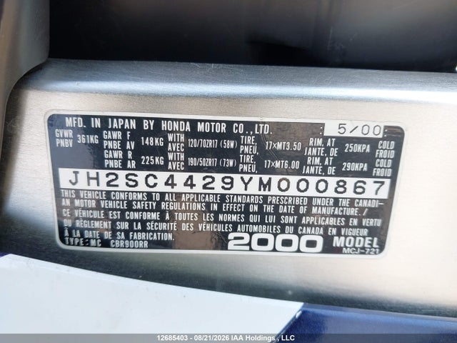 Aukcja sprzedaży 2000 Honda Cbr929 Rr, vin: JH2SC4429YM000867, numer aukcji: 12685403