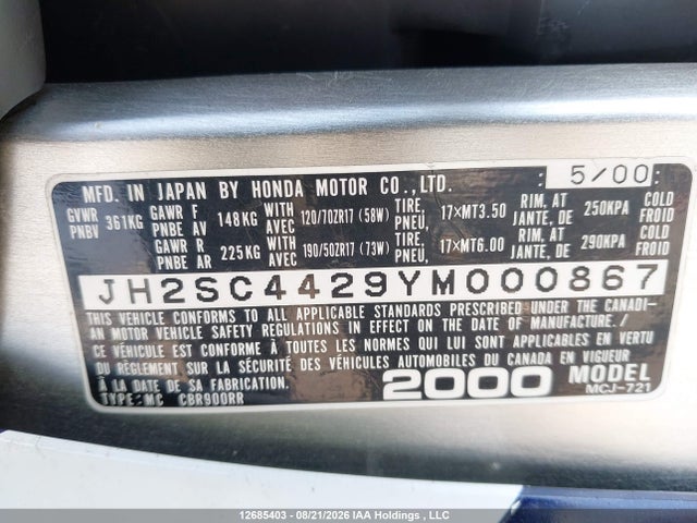 Aukcja sprzedaży 2000 Honda Cbr929 Rr, vin: JH2SC4429YM000867, numer aukcji: 12685403