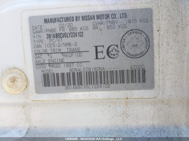 2020 Nissan Sentra მანქანა იყიდება აუქციონზე, vin: 3N1AB8CV6LY224102, აუქციონის ნომერი: 12685409