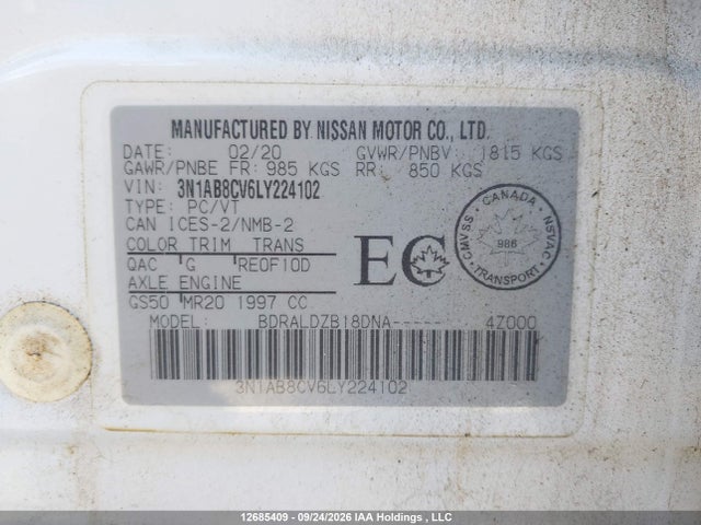 2020 Nissan Sentra მანქანა იყიდება აუქციონზე, vin: 3N1AB8CV6LY224102, აუქციონის ნომერი: 12685409
