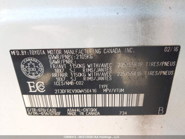 Toyota Rav4 Limited 2016 2T3DFREV9GW456416 Image 9