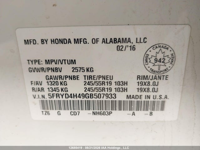 12685419 :رقم المزاد ، 5FRYD4H49GB507933 vin ، 2016 Acura Mdx Navigation Package مزاد بيع