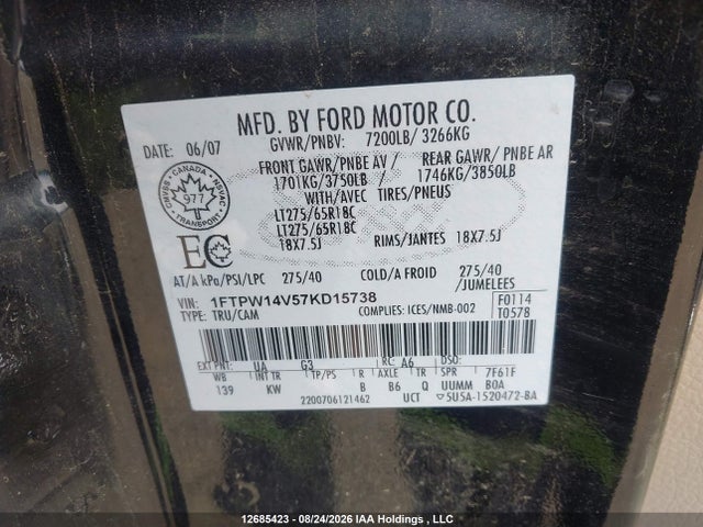 Продажа на аукционе авто 2007 Ford F-150 Fx4/harley-davidson/king Ranch/lariat/xlt, vin: 1FTPW14V57KD15738, номер лота: 12685423