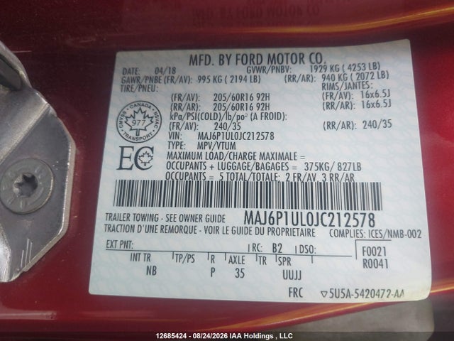 Продаж на аукціоні авто 2018 Ford Ecosport Se, vin: MAJ6P1UL0JC212578, номер лоту: 12685424