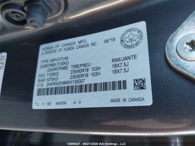 2HKRW2H84KH139307 Honda Cr-v Ex-l