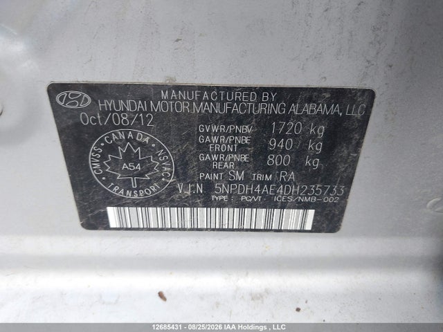 2013 Hyundai Elantra Gls/limited მანქანა იყიდება აუქციონზე, vin: 5NPDH4AE4DH235733, აუქციონის ნომერი: 12685431