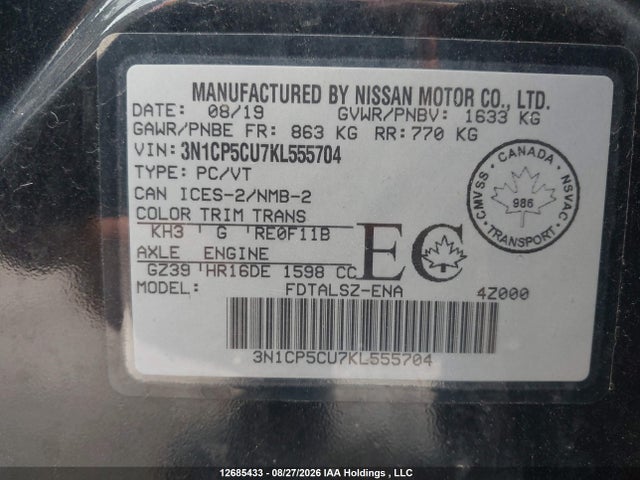Aukcja sprzedaży 2019 Nissan Kicks S/sr/sv, vin: 3N1CP5CU7KL555704, numer aukcji: 12685433