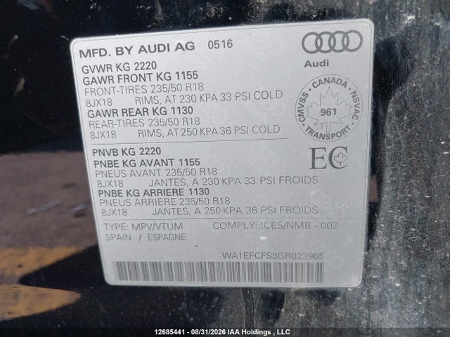 Aukcja sprzedaży 2016 Audi Q3 Premium Plus, vin: WA1EFCFS3GR023965, numer aukcji: 12685441