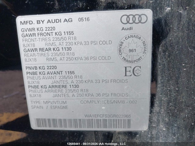 Aukcja sprzedaży 2016 Audi Q3 Premium Plus, vin: WA1EFCFS3GR023965, numer aukcji: 12685441