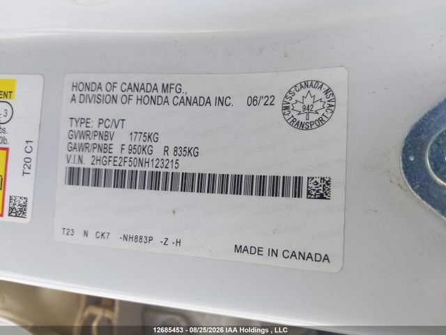 2HGFE2F50NH123215 Honda Civic Sport