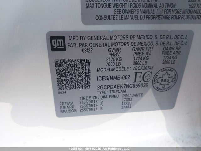 Продаж на аукціоні авто 2022 Chevrolet Silverado 1500, vin: 3GCPDAEK7NG659036, номер лоту: 12685464