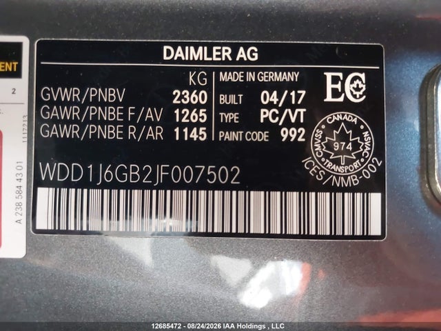 2018 Mercedes-benz E 400 4matic მანქანა იყიდება აუქციონზე, vin: WDD1J6GB2JF007502, აუქციონის ნომერი: 12685472