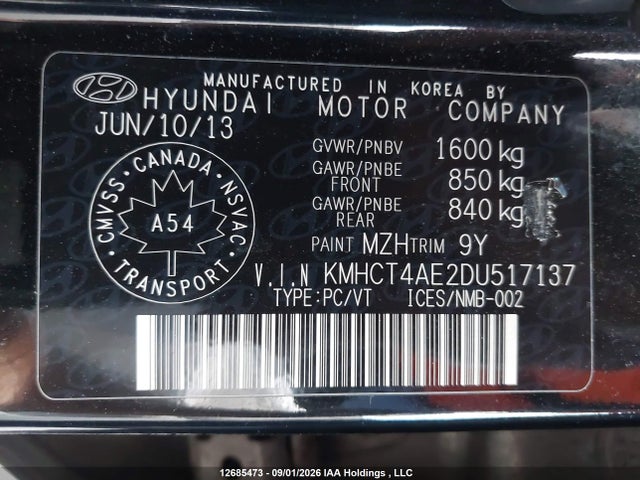 2013 Hyundai Accent Gl მანქანა იყიდება აუქციონზე, vin: KMHCT4AE2DU517137, აუქციონის ნომერი: 12685473