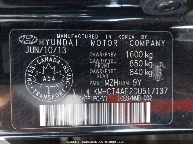 2013 Hyundai Accent Gl მანქანა იყიდება აუქციონზე, vin: KMHCT4AE2DU517137, აუქციონის ნომერი: 12685473