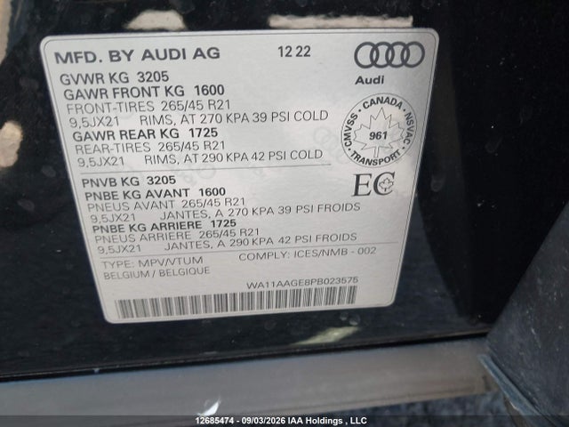 Aukcja sprzedaży 2023 Audi E-tron Sportback Premium, vin: WA11AAGE8PB023575, numer aukcji: 12685474