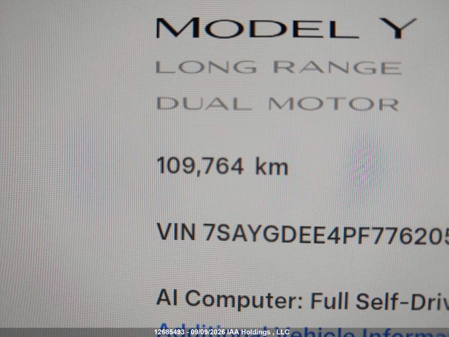 12685493 :رقم المزاد ، 7SAYGDEE4PF776205 vin ، 2023 Tesla Model Y Long Range مزاد بيع
