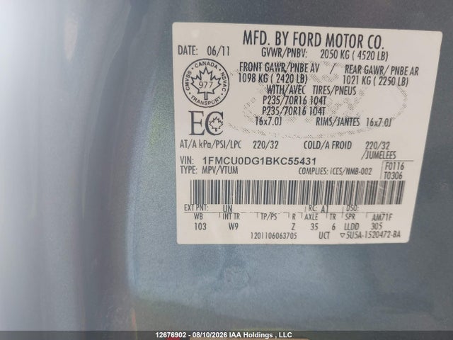 2011 Ford Escape Xlt Automatic მანქანა იყიდება აუქციონზე, vin: 1FMCU0DG1BKC55431, აუქციონის ნომერი: 12676902