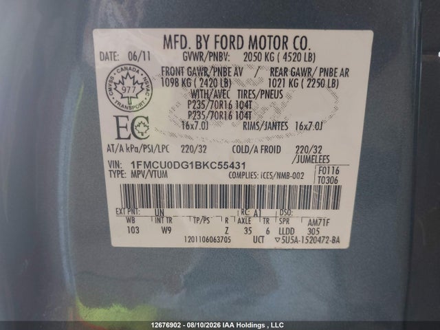 2011 Ford Escape Xlt Automatic მანქანა იყიდება აუქციონზე, vin: 1FMCU0DG1BKC55431, აუქციონის ნომერი: 12676902
