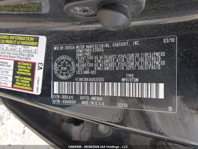 Продаж на аукціоні авто 2010 Toyota Venza Base V6, vin: 4T3BK3BB3AU035535, номер лоту: 12685498