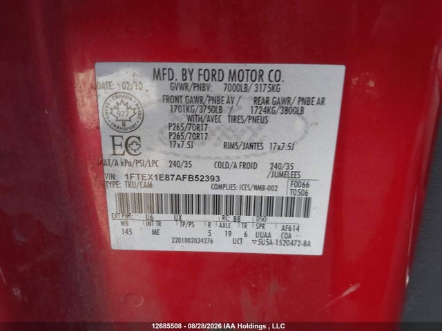 12685508 :رقم المزاد ، 1FTEX1E87AFB52393 vin ، 2010 Ford F-150 Stx/xl/xlt مزاد بيع