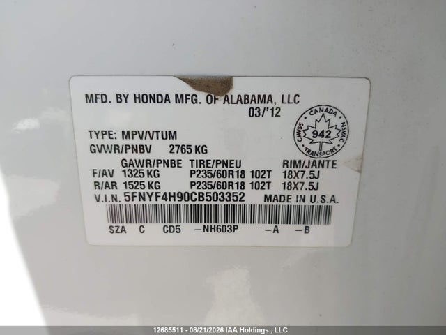 Продаж на аукціоні авто 2012 Honda Pilot Touring, vin: 5FNYF4H90CB503352, номер лоту: 12685511