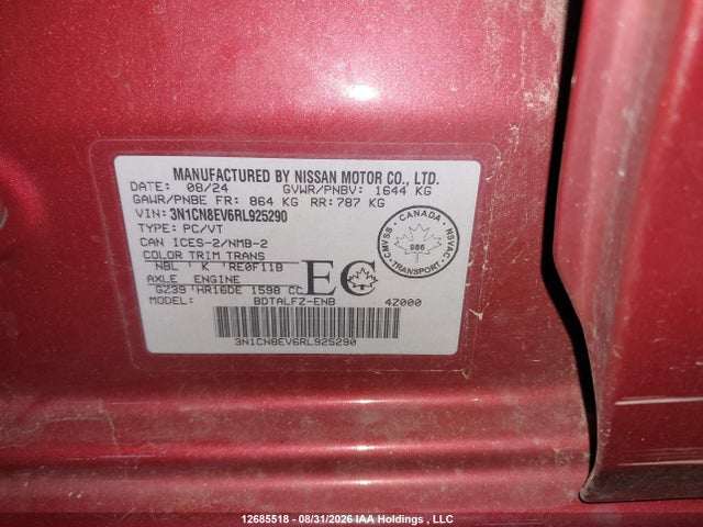 Продаж на аукціоні авто 2024 Nissan Versa Sv, vin: 3N1CN8EV6RL925290, номер лоту: 12685518