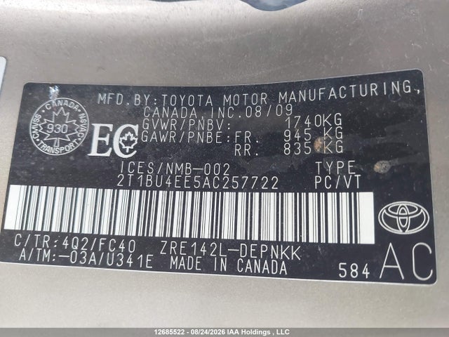 12685522 :رقم المزاد ، 2T1BU4EE5AC257722 vin ، 2010 Toyota Corolla S/le/xle مزاد بيع