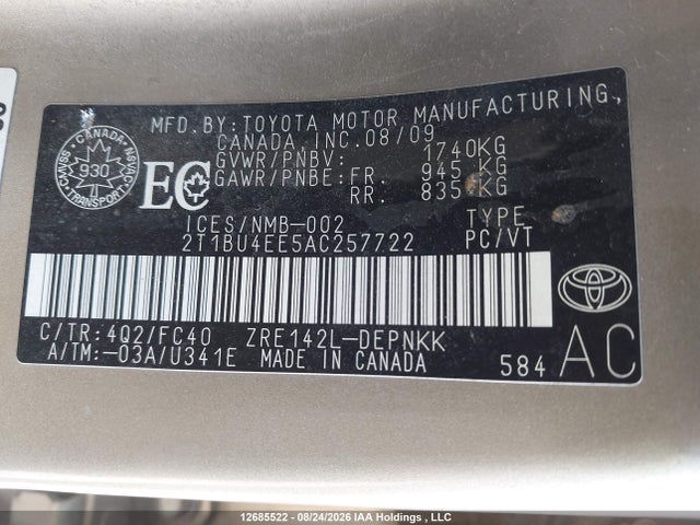 12685522 :رقم المزاد ، 2T1BU4EE5AC257722 vin ، 2010 Toyota Corolla S/le/xle مزاد بيع