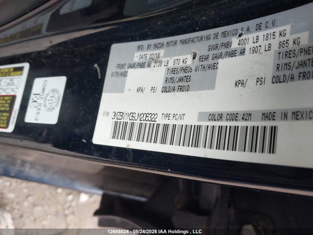 2018 Mazda 3 მანქანა იყიდება აუქციონზე, vin: 3MZBN1M39JM206322, აუქციონის ნომერი: 12685524