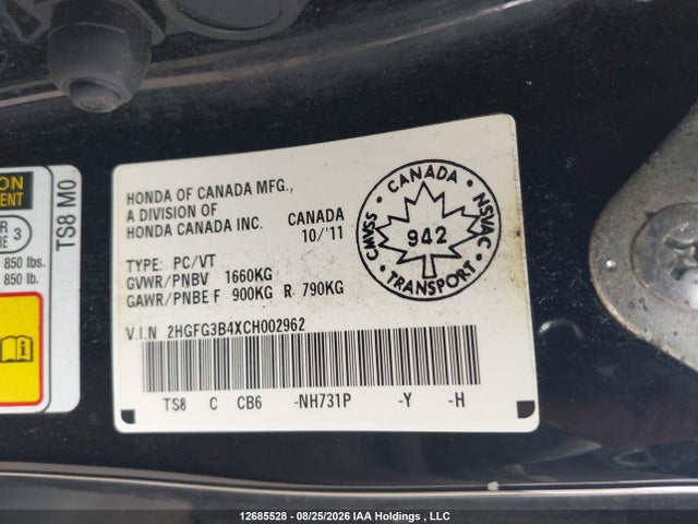Продаж на аукціоні авто 2012 Honda Civic Lx, vin: 2HGFG3B4XCH002962, номер лоту: 12685528