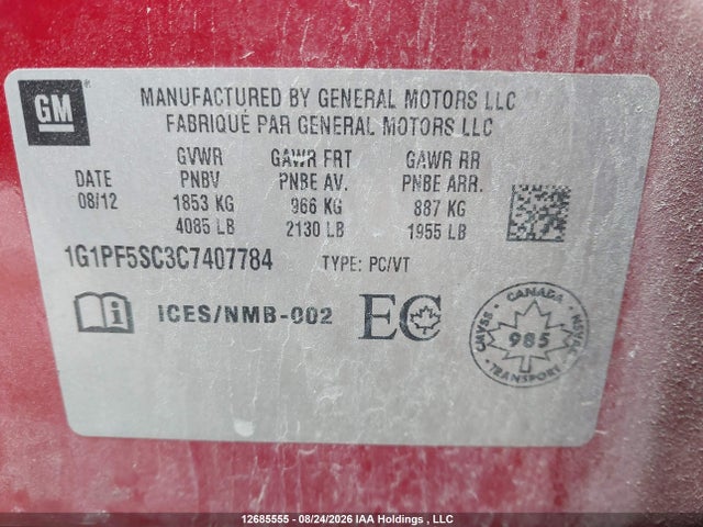 Продаж на аукціоні авто 2012 Chevrolet Cruze Lt, vin: 1G1PF5SC3C7407784, номер лоту: 12685555
