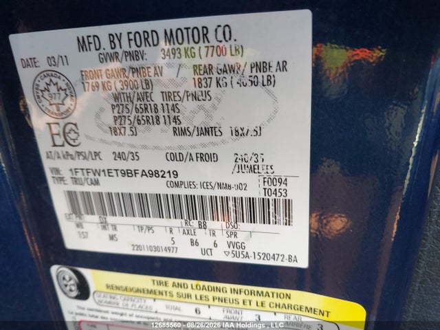 Продажа на аукционе авто 2011 Ford F150 Supercrew, vin: 1FTFW1ET9BFA98219, номер лота: 12685560