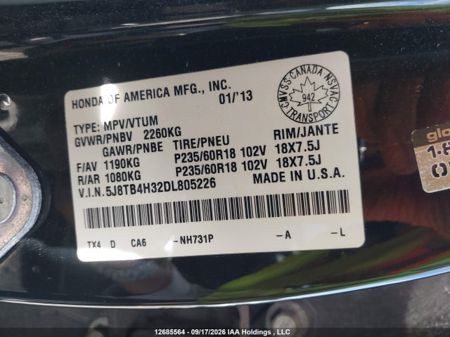 2013 Acura Rdx მანქანა იყიდება აუქციონზე, vin: 5J8TB4H32DL805226, აუქციონის ნომერი: 12685564