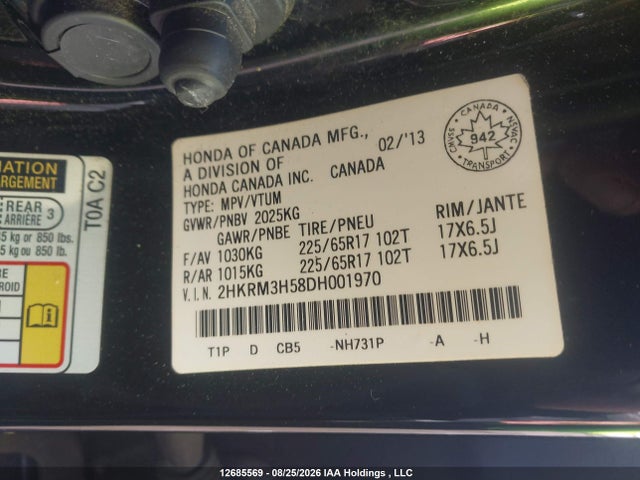 Продаж на аукціоні авто 2013 Honda Cr-v Ex, vin: 2HKRM3H58DH001970, номер лоту: 12685569