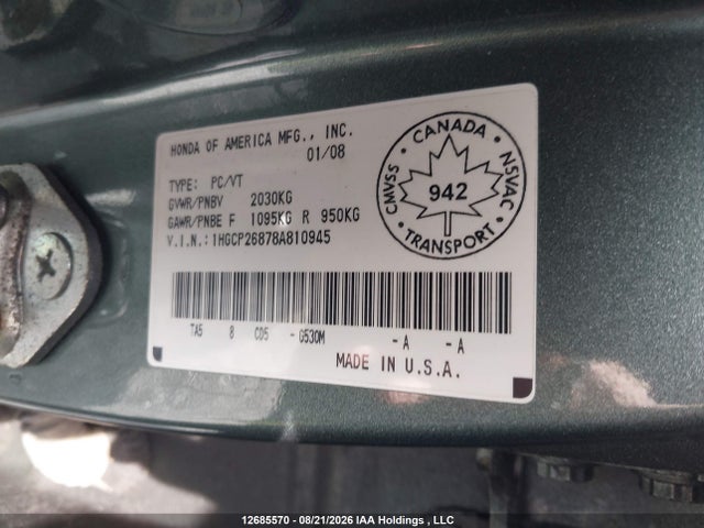 2008 Honda Accord Ex-l მანქანა იყიდება აუქციონზე, vin: 1HGCP26878A810945, აუქციონის ნომერი: 12685570