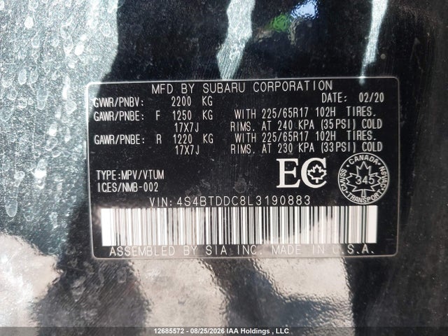 2020 Subaru Outback Touring მანქანა იყიდება აუქციონზე, vin: 4S4BTDDC8L3190883, აუქციონის ნომერი: 12685572