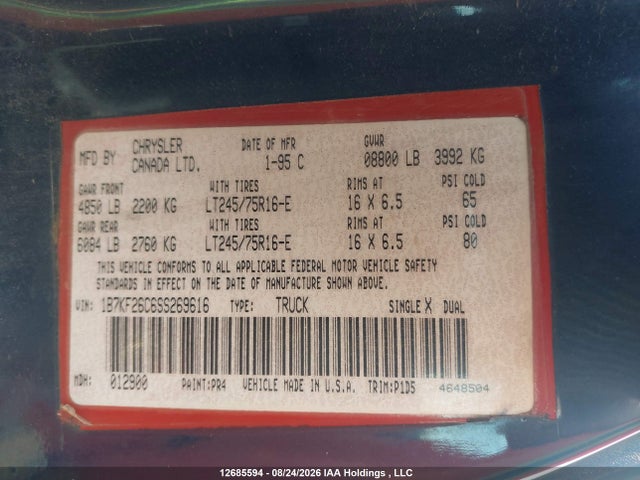 Aukcja sprzedaży 1995 Dodge Ram 2500, vin: 1B7KF26C6SS269616, numer aukcji: 12685594