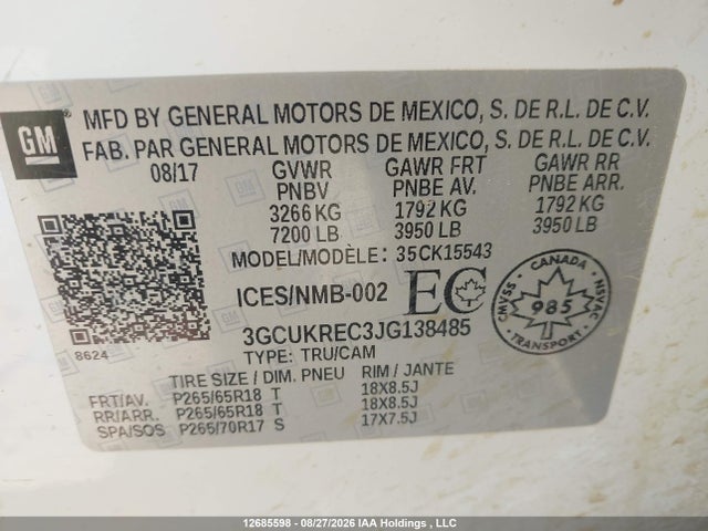 Продаж на аукціоні авто 2018 Chevrolet Silverado K1500 Lt, vin: 3GCUKREC3JG138485, номер лоту: 12685598