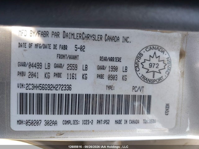 12685616 :رقم المزاد ، 2C3HH56G92H272336 vin ، 2002 Chrysler Intrepid Es مزاد بيع