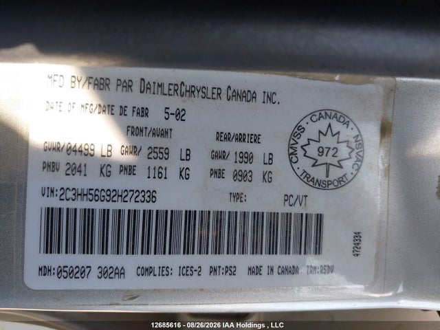 12685616 :رقم المزاد ، 2C3HH56G92H272336 vin ، 2002 Chrysler Intrepid Es مزاد بيع