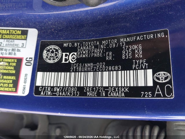 Продажа на аукционе авто 2014 Toyota Corolla L/le/le Pls/prm/s/s Pls, vin: 2T1BURHE7EC028683, номер лота: 12685620