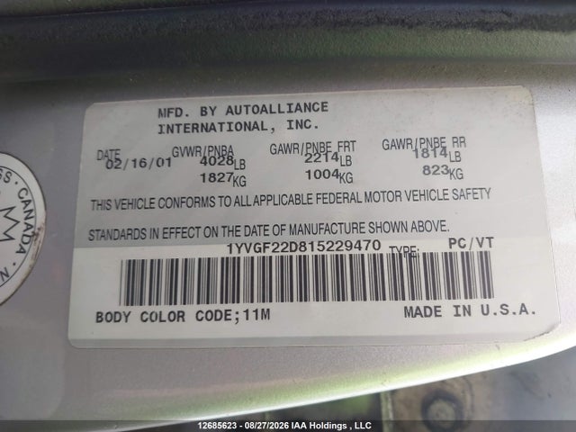 Продажа на аукционе авто 2001 Mazda 626 Es/lx, vin: 1YVGF22D815229470, номер лота: 12685623