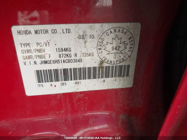 12685629 :رقم المزاد ، JHMGE8H51AC803848 vin ، 2010 Honda Fit Lx مزاد بيع
